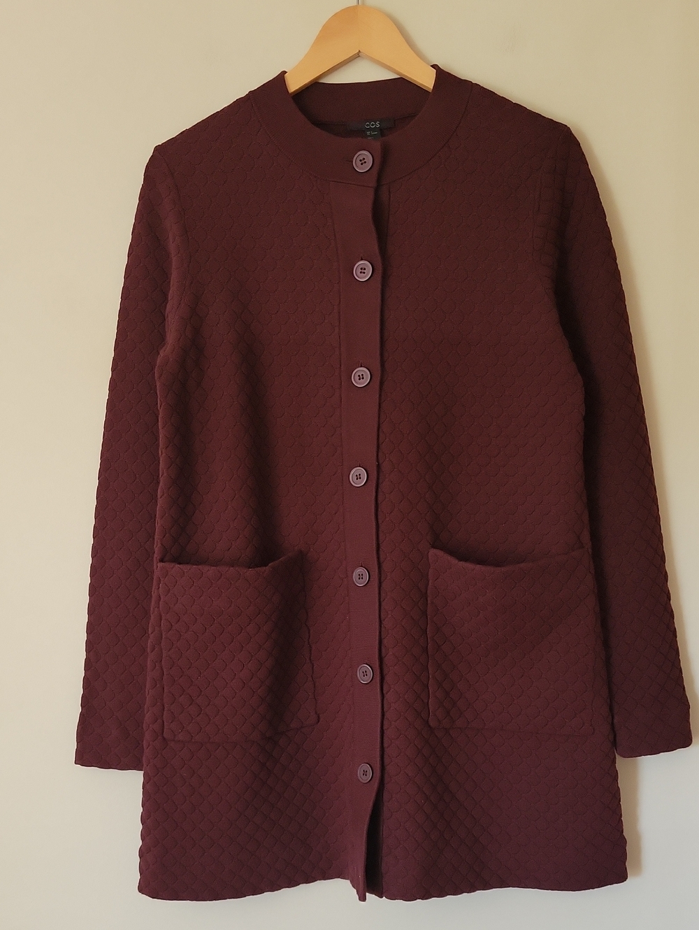 COS Women's Textured 3D Knit Longline Cardigan Sweater Coat Burgundy Size Small